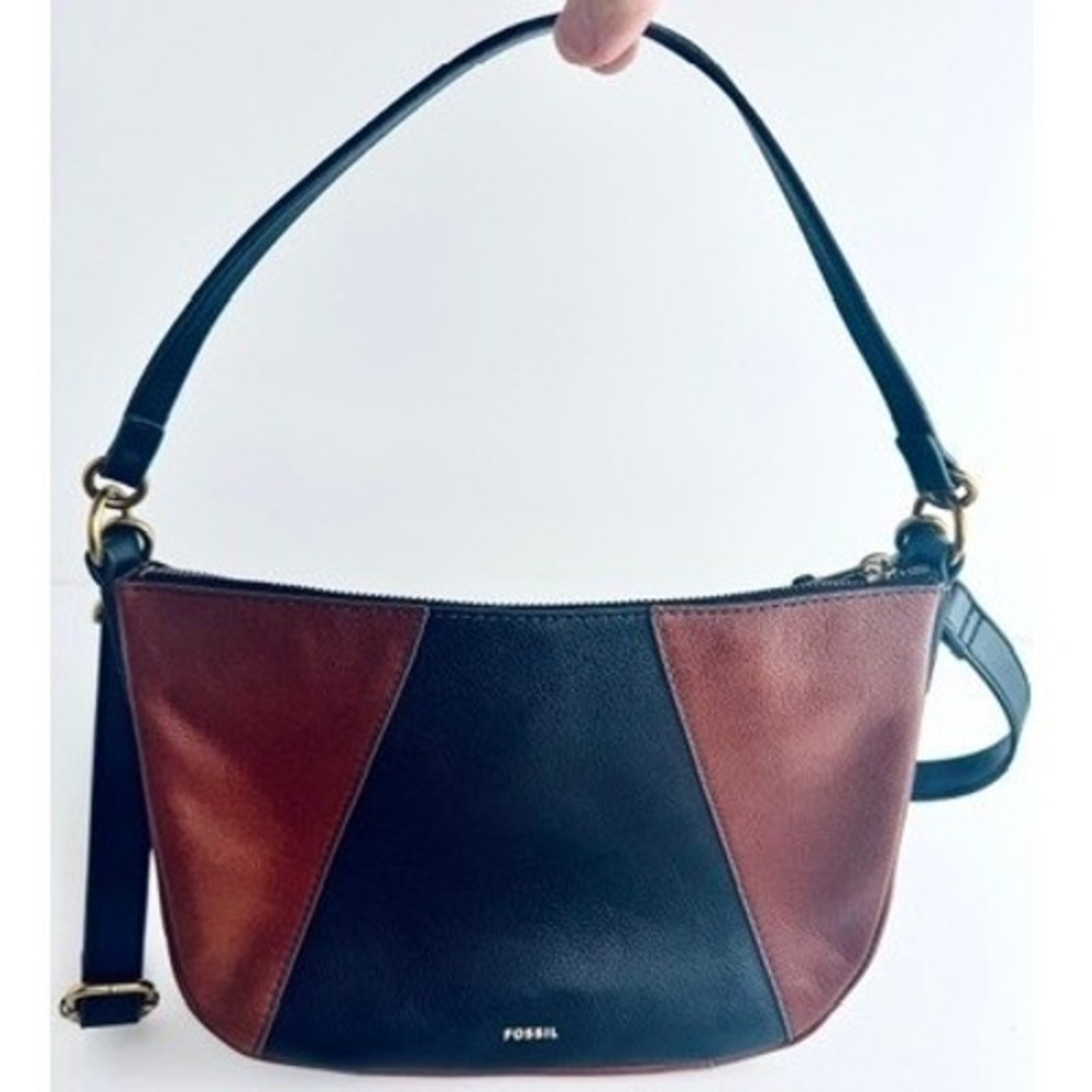 Fossil Leather Shoulder Bag Crossbody Purse Brown Black Colorblock Zip